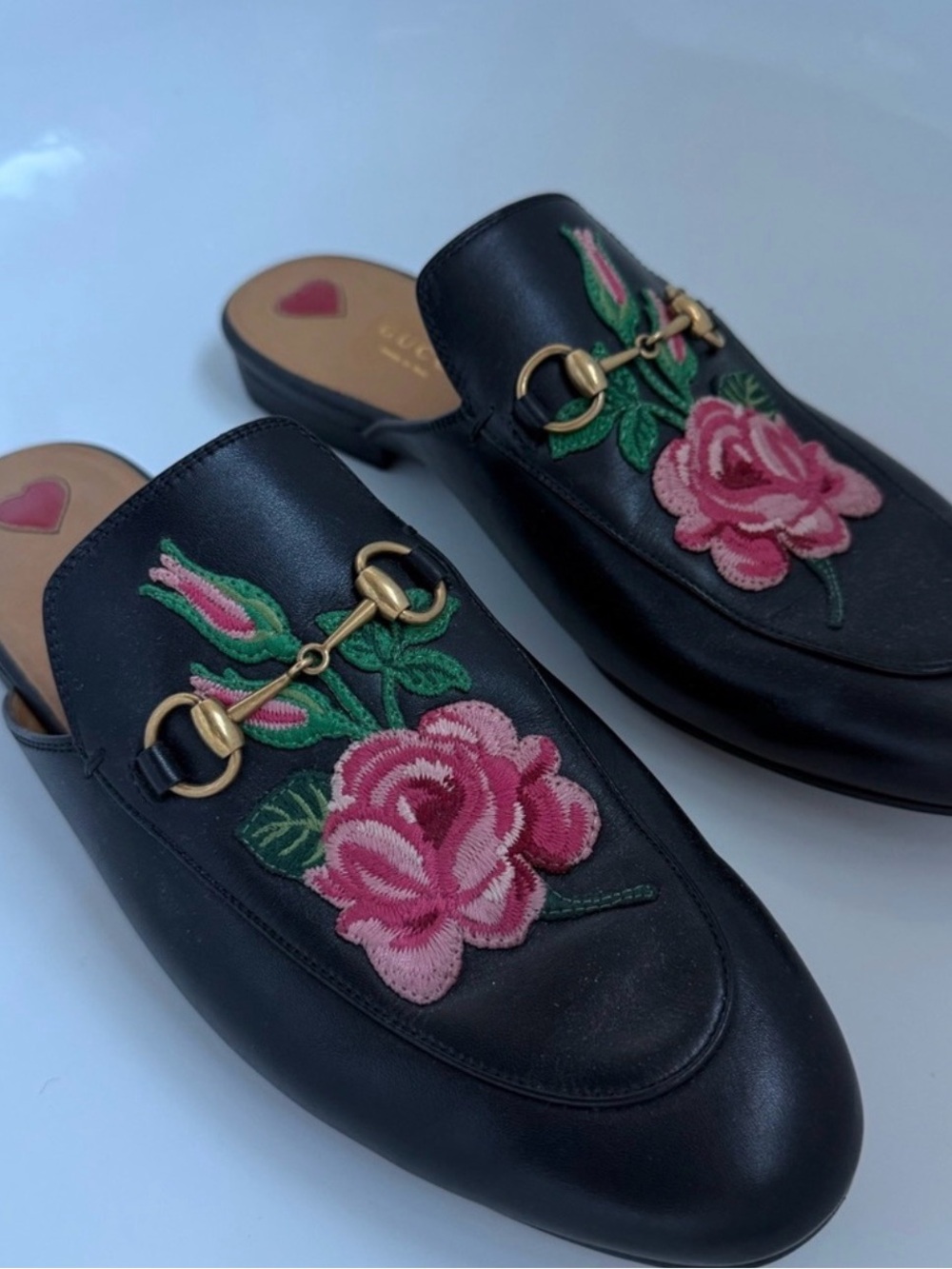 Gucci Black Leather Horsebit Mules with Pink Rose Embroidery